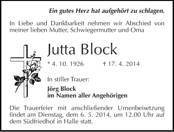 Traueranzeige von Jutta Block von Mitteldeutsche Zeitung Halle/Saalkreis