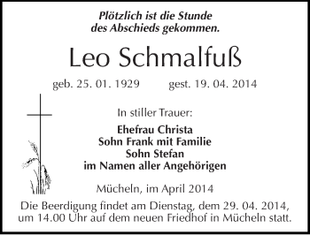 Traueranzeige von Leo Schmalfuß von Mitteldeutsche Zeitung Merseburg/Querfurt