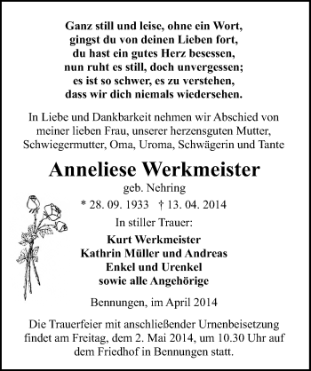 Traueranzeige von Anneliese Werkmeister von Mitteldeutsche Zeitung Sangerhausen