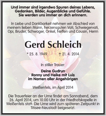 Traueranzeige von Gerd Schleich von Mitteldeutsche Zeitung Weißenfels