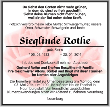 Traueranzeige von Siegfinde Rothe von Mitteldeutsche Zeitung Naumburg/Nebra