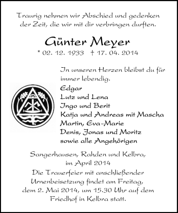 Traueranzeige von Günter Meyer von Mitteldeutsche Zeitung Sangerhausen