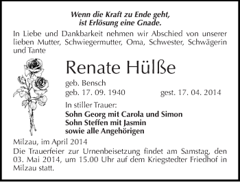 Traueranzeige von Renate Hülße von Mitteldeutsche Zeitung Merseburg/Querfurt