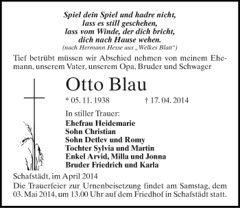 Traueranzeige von Otto Blau von Mitteldeutsche Zeitung Merseburg/Querfurt
