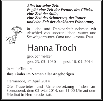 Traueranzeige von Hanna Troch von Mitteldeutsche Zeitung Mansfelder Land