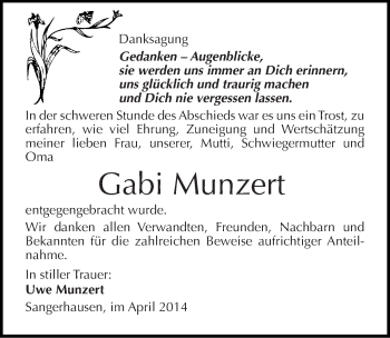 Traueranzeige von Gabi Munzert von Mitteldeutsche Zeitung Sangerhausen