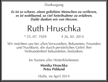 Traueranzeige von Ruth Hruschka von Mitteldeutsche Zeitung Halle/Saalkreis