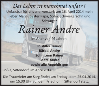 Traueranzeige von Rainer Andre von Mitteldeutsche Zeitung Sangerhausen