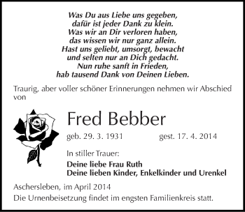 Traueranzeige von Fred Bebber von Mitteldeutsche Zeitung Aschersleben