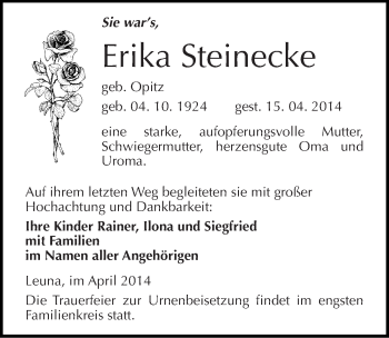 Traueranzeige von Erika Steinecke von Mitteldeutsche Zeitung Merseburg/Querfurt