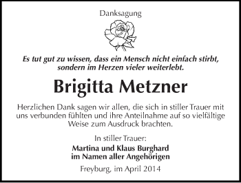 Traueranzeige von Brigitta Metzner von Mitteldeutsche Zeitung Naumburg/Nebra