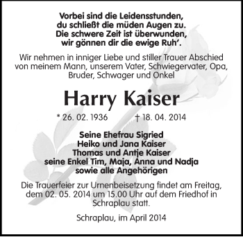 Traueranzeige von Harry Kaiser von Mitteldeutsche Zeitung Merseburg/Querfurt
