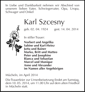 Traueranzeige von Karl Szcesny von Mitteldeutsche Zeitung Merseburg/Querfurt