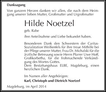 Traueranzeige von Hilde Noetzel von Mitteldeutsche Zeitung Weißenfels