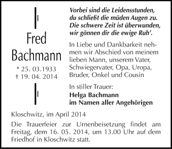 Traueranzeige von Fred Bachmann von Mitteldeutsche Zeitung Halle/Saalkreis