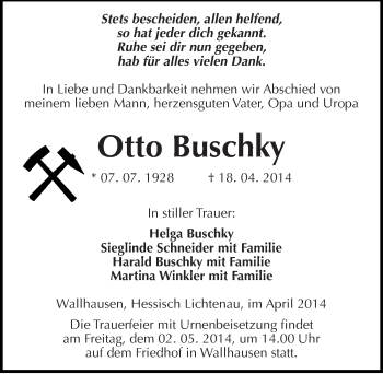 Traueranzeige von Otto Buschky von Mitteldeutsche Zeitung Sangerhausen