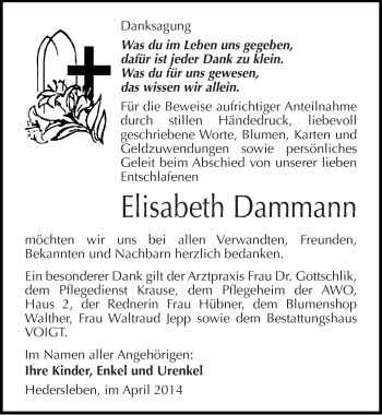 Traueranzeige von Elisabeth Dammann von Mitteldeutsche Zeitung Mansfelder Land