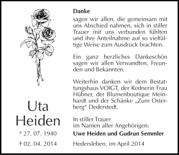 Traueranzeige von Uta Heiden von Mitteldeutsche Zeitung Mansfelder Land