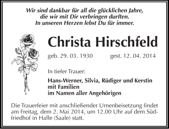 Traueranzeige von Christa Hirschfeld von Mitteldeutsche Zeitung Halle/Saalkreis
