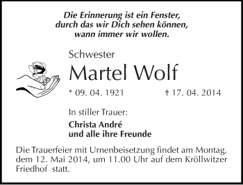 Traueranzeige von Martel Wolf von Mitteldeutsche Zeitung Halle/Saalkreis