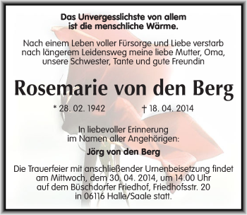 Traueranzeige von Rosemarie von den Berg von Mitteldeutsche Zeitung Mansfelder Land