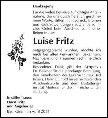 Traueranzeige von Luise Fritz von Mitteldeutsche Zeitung Naumburg/Nebra