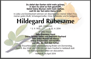 Traueranzeige von Hildegard Rübesame von Mitteldeutsche Zeitung Mansfelder Land