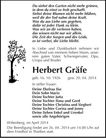 Traueranzeige von Herbert Gräfe von Mitteldeutsche Zeitung Wittenberg