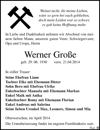 Traueranzeige von Werner Große von Mitteldeutsche Zeitung Weißenfels