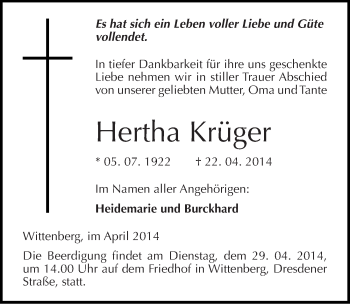 Traueranzeige von Hertha Krüger von Mitteldeutsche Zeitung Wittenberg