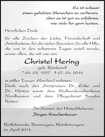 Traueranzeige von Christel Hering von Mitteldeutsche Zeitung Sangerhausen