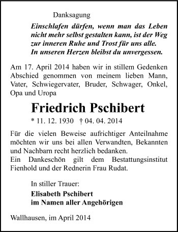 Traueranzeige von Friedrich Pschibert von Mitteldeutsche Zeitung Sangerhausen
