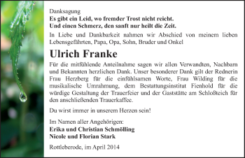 Traueranzeige von Ulrich Franke von Mitteldeutsche Zeitung Sangerhausen