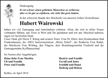 Traueranzeige von Hubert Wairowski von Mitteldeutsche Zeitung Sangerhausen