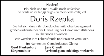 Traueranzeige von Doris Rzepka von Mitteldeutsche Zeitung Naumburg/Nebra