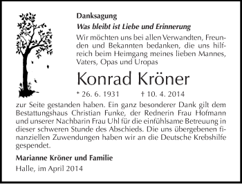 Traueranzeige von Konrad Kröner von Mitteldeutsche Zeitung Halle/Saalkreis
