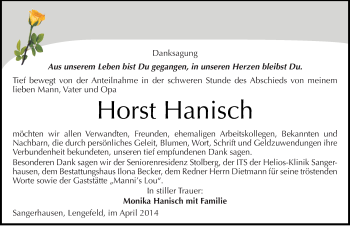 Traueranzeige von Horst Hanisch von Mitteldeutsche Zeitung Sangerhausen
