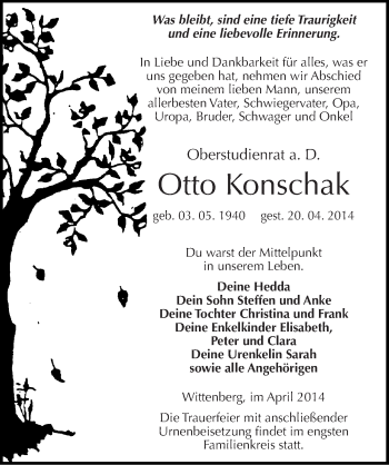 Traueranzeige von Otto Konschak von Mitteldeutsche Zeitung Wittenberg