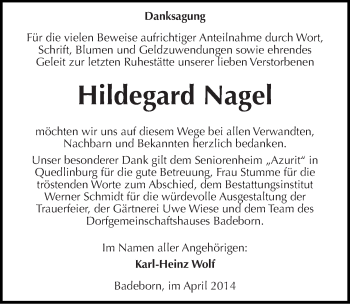 Traueranzeige von Hildegard Nagel von Mitteldeutsche Zeitung Quedlinburg