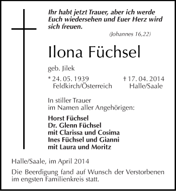 Traueranzeige von Ilona Füchse von Mitteldeutsche Zeitung Halle/Saalkreis
