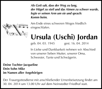 Traueranzeige von Ursula  Jordan von Mitteldeutsche Zeitung Quedlinburg
