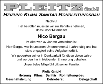 Traueranzeige von Nico Bergau von Mitteldeutsche Zeitung Naumburg/Nebra