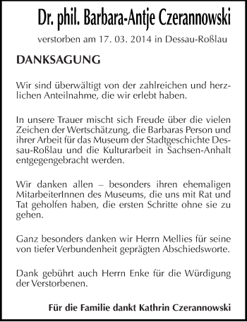 Traueranzeige von Barbara-Antje Czerannowski von Mitteldeutsche Zeitung Dessau-Roßlau
