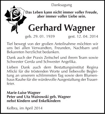 Traueranzeige von Gerhard Wagner von Mitteldeutsche Zeitung Sangerhausen