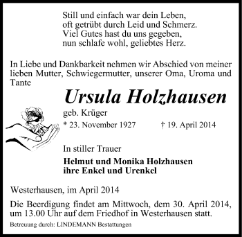 Traueranzeige von Ursula Holzhausen von Mitteldeutsche Zeitung Quedlinburg