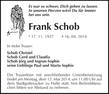 Traueranzeige von Frank Schob von Mitteldeutsche Zeitung Halle/Saalkreis