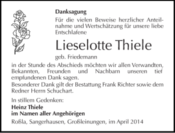 Traueranzeige von Lieselotte Thiele von Mitteldeutsche Zeitung Sangerhausen