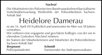 Traueranzeige von Heidelore Damerau von Mitteldeutsche Zeitung Weißenfels