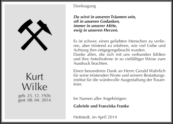 Traueranzeige von Kurt Wilke von Mitteldeutsche Zeitung Mansfelder Land
