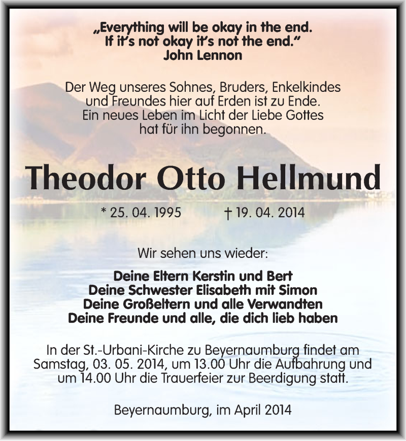  Traueranzeige für Theodor Otto Hellmund vom 26.04.2014 aus Mitteldeutsche Zeitung Sangerhausen